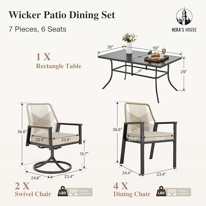 HERA'S HOUSE 7 Pieces Patio Table and Chairs Set, Outdoor Dining Set for 7, Patio Dining Set of 4 Cushioned Woven Rattan Patio Swivel Chairs, 2 Patio Dining Chairs and 1 Black Metal Table