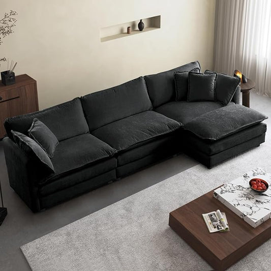 SoarFlash Chenille Sectional Sofa, Comfy L Shaped Modular Coush Sofa with Ottoman, Modern 3 Seat Couch Deep Seat Sofa Set for Living Room,Grey