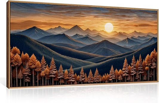 HOURIA Large Woodland Mountain Sunset Framed Canvas Wall Art Set,Wilderness Wooden Forest Landscape Wall Decor,Nature Botanical Artwork,Boho Pine Tree Art Print for Living Room,Bedroom- 40"x20"x1
