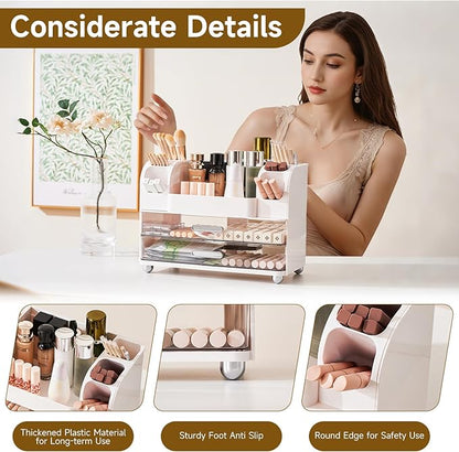 Makeup Organizer for Vanity with 2 Large Drawers, Cosmetic Display Case with Brush Holders, Easy to Storage for Bathroom Countertop Skincare, Desk Office Supplies, White