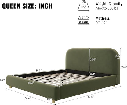 Queen Size Bed Frame, Upholstered Cloud Boucle Platform Beds Frames with Headboard, Anti-Collision Soft Rounded Corners Footboard, No Box Spring Required, Easy Assembly (35"Olive Green, Queen)