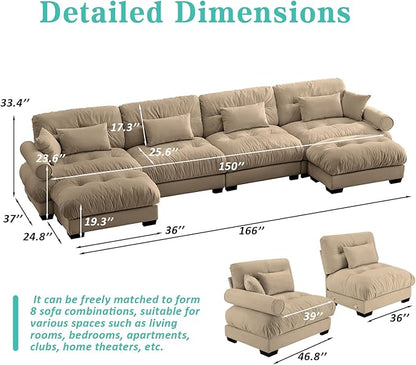 SoarFlash 166" Sectional Sofa Couch, U Shaped Modern Modular Sofa with Solid Wood Legs, Couches Sofas for Living Room Apartment, Comfortable Couches, Brown