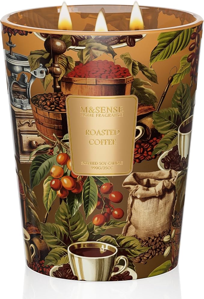 M&SENSE Roasted Coffee Scented Candle, 3 Wick Soy Natural Wax Fall Winter Candles, 35oz 150H Long Lasting, Stress Relief Festival Thanksgiving Christmas Home Fragrance Housewarming Gifts