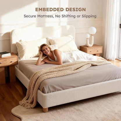Full Size Cloud Bed Frame, Upholstered Boucle Bed Frame with Adjustable Headboard, Solid Wood Legs, Rounded Corners Design & Easy Assembly – Modern Platform Bed,Cream