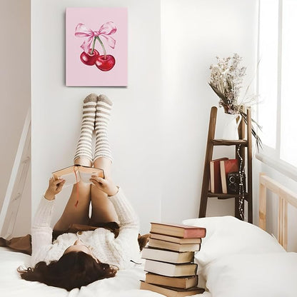 APJYM Coquette Pink Bow Cherry Preppy Wall Art, Room Decor Aesthetic, Posters for Teen Girls Bedroom, 11x14 Inches Framed