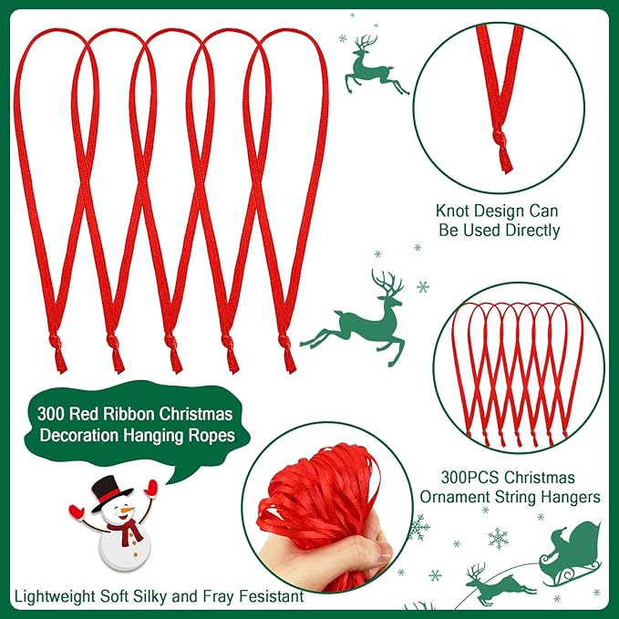 JUNEBRUSHS 300Pcs Christmas Ornament Hangers, Hand Tied String Ties Ornament Loops Thin Red Ribbon for Ornaments Christmas Tree Hanging Decorations (Red)