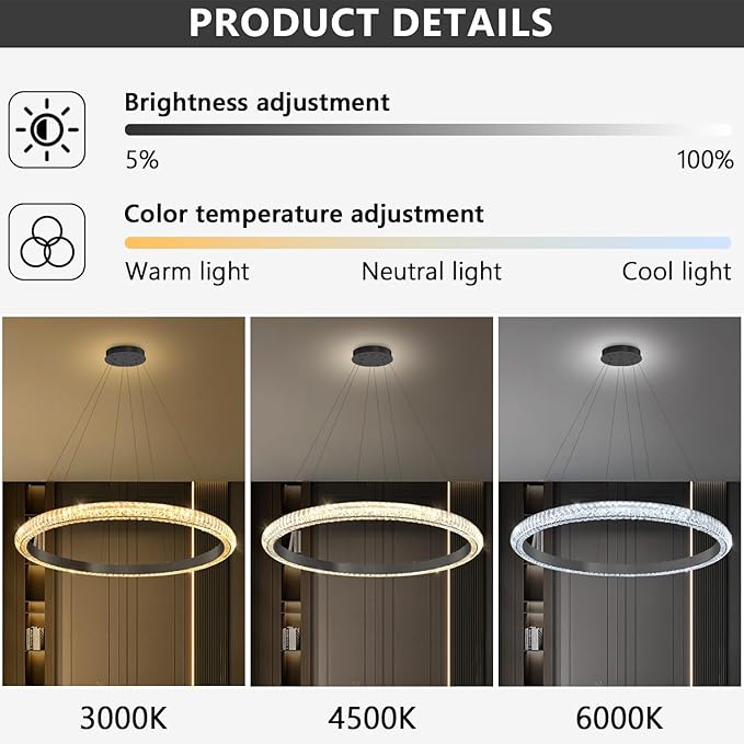 40" 1 Ring Crystal Chandelier Modern LED Dimmable Ring Pendant Light Chandelier for Dining Room Living Room Black