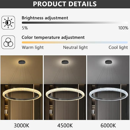 40" 1 Ring Crystal Chandelier Modern LED Dimmable Ring Pendant Light Chandelier for Dining Room Living Room Black