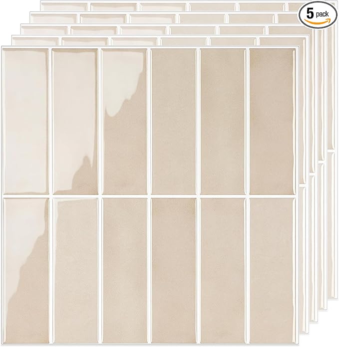 5 Pack Peel and Stick Backsplash Subway Tiles, Extra Thick 3D Wall Panels, Heat & Water Resistant, Easy DIY Kitchen, Bathroom, Laundry, Fireplace & Rental Home Wall Décor (12 x 12 in), Almond