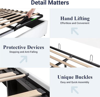 Allewie Queen Size Velvet Lift Up Storage Bed, Modern Wingback Headboard, Hydraulic Support, No Box Spring Needed, White