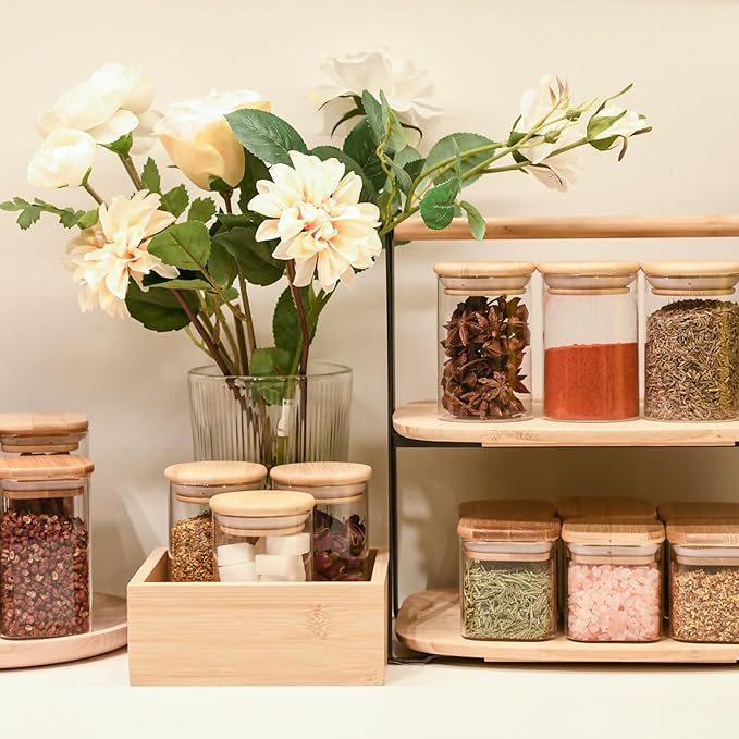 8oz Glass Food Storage Jars, Glass Jars with Bamboo Lids, Kitchen Storage Jars, Set of 12, Canisters with Airtight Lids for Spice, Coffee, Cookie, Pantry Organizers
