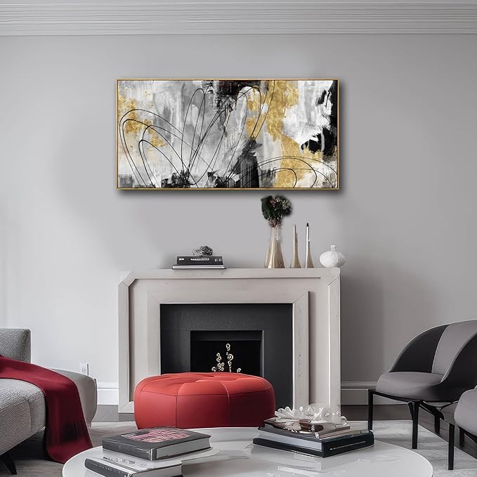YJYart Line Art Wall Decor Black and Gold Wall Artwork 20"x40" Canvas Wall Art for Living Room Kitchen Wall Picture Ready to Hang