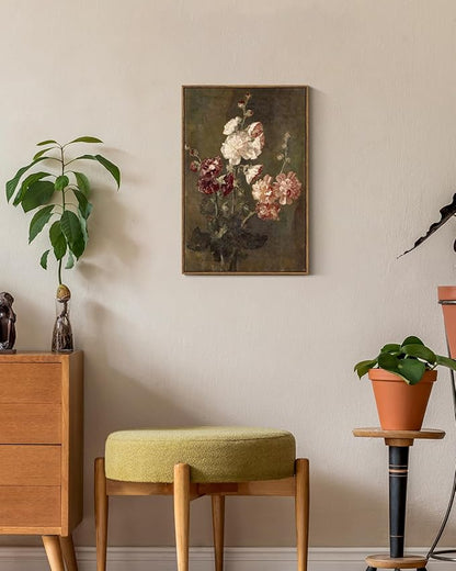 ARPEOTCY Large Framed Canvas Wall Art, Moody Hollyhocks Pictures Decor, 20x30Inch, Bathroom Kitchen Bedroom Vintage Floral Picture Decor, French Country Farmhouse Dark Art