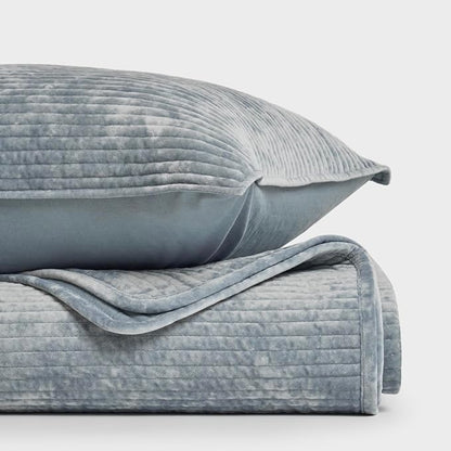 EVERGRACE Velvet Quilt Set Queen Size, Luxurious Soft Quilted Bedding Sets, Lightweight Velvet Comforter for All Season, Striped Channel Bedspread Coverlet with 2 Shams, Blue Linen