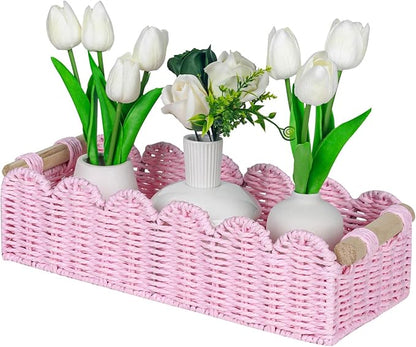 CubesLand Paper Rope Scalloped Edge Gift Basket Empty, Small Living Room,Bedroom Decor Baskets, Pink Woven Toilet Paper Storage Basket, with 2 Wooden Handle, Rectangular