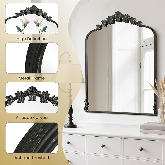 WallBeyond Black Antique Mirror for Vanity 28x36 Inch, Black Vintage Mirror with Ornate Frame, Arched Vintage Wall for Bathroom, Living Room, Fireplace