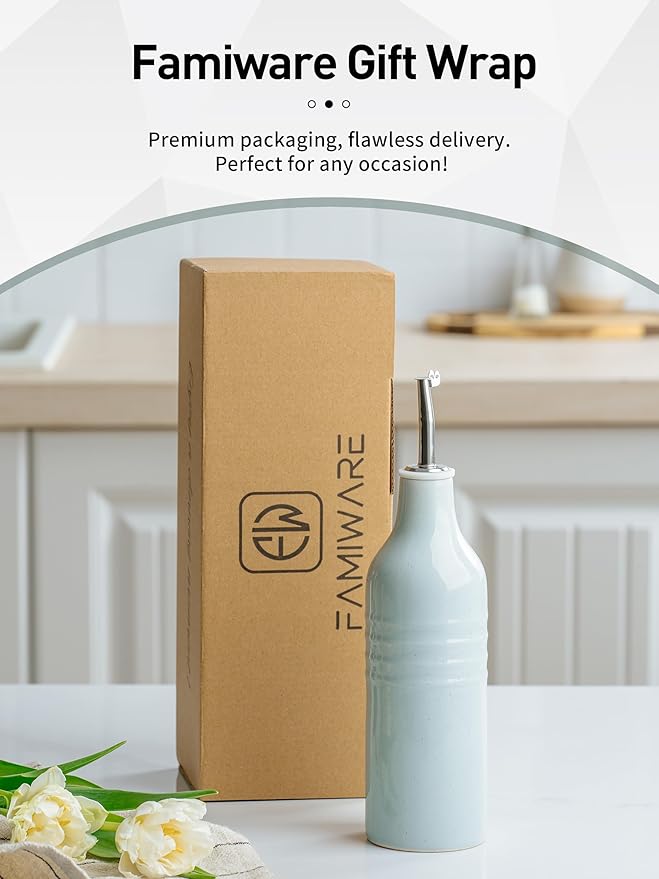 famiware Jupiter 16oz Ceramic Olive Oil Dispenser Bottle, Olive Oil and Vinegar Dispenser Bottle Set of 2 with Stainless Steel Pourers, Suitable for Storage Vinegar, Liquids, Light Blue & Light Green