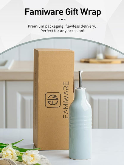 famiware Jupiter 16oz Ceramic Olive Oil Dispenser Bottle, Olive Oil and Vinegar Dispenser Bottle Set of 2 with Stainless Steel Pourers, Suitable for Storage Vinegar, Liquids, Light Blue & Light Green