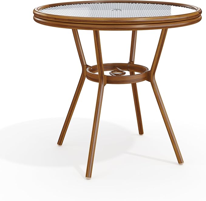 Martha Stewart Lily Pond 31” Round Indoor-Outdoor Bistro Dining Table with Aluminum Frame in Natural Woodgrain and Rattan Top in White/Navy with Tempered Glass Top