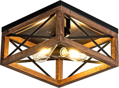 Flush Mount Ceiling Light Fixture for Kitchen Hallway, 2-Light Close to Ceiling Light with Black Metal and Wood Design, Rustic Farmhouse Ceiling (Bulb not Included)