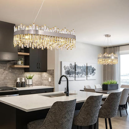 Siljoy 16-Light Modern Crystal Chandelier, Luxury Rectangular 2-Tier Crystal Raindrop Chandelier, Brushed Nickel Oval Pendant Ceiling Light Fixture for Dining Room Kitchen Island Bar L35.4''