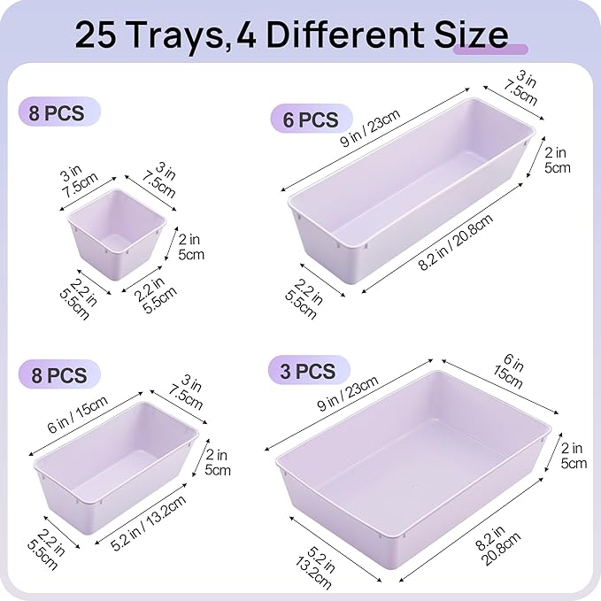 Vtopmart 25 PCS Plastic Drawer Organizers Set, 4-Size Versatile Bathroom and Vanity Drawer Organizer, Storage Bins for Makeup, Bedroom, Kitchen Gadgets Utensils and Office
