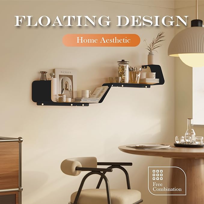 Floating Shelves, Wall Shelf, Set of 3 Wall Mounted Metal Shelves with Unique Design for Wall Storage, Book Shelf, Display Shelves for Bathroom Bedroom Kitchen Living Room for Home Black