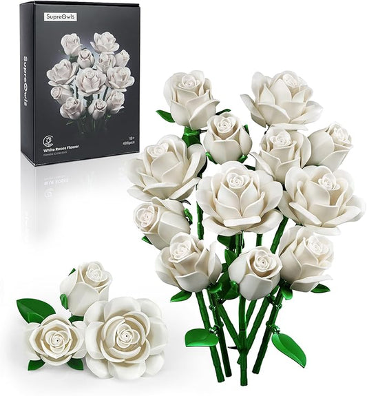 iATOM White Rose Bouquet Building Set, Compatible with Lego Flowers for Adults Women, Artificial Wedding Flowers Home Decor - Botanical Collection Gift for Valentines & Mother's Day - IA11013