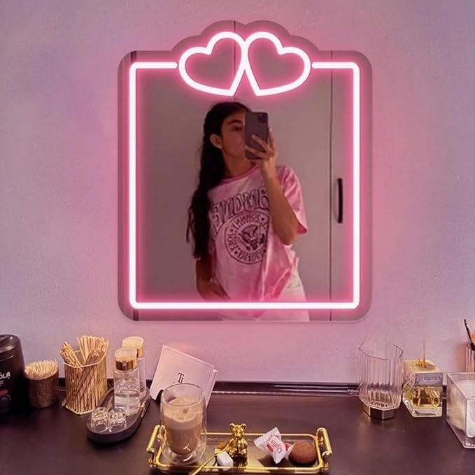 Heart Mirror Neon Sign, Beauty Salon Mirror Decor, Dorm Room, Valentine's Day Gifts,Gifts For Her, Vanity Wall Hallway Decor, Girls Room, Boho Mirror Wall Sign Art Gift