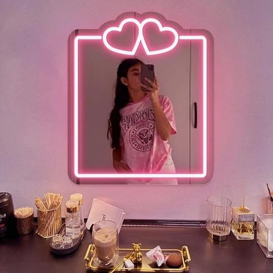 Heart Mirror Neon Sign, Beauty Salon Mirror Decor, Dorm Room, Valentine's Day Gifts,Gifts For Her, Vanity Wall Hallway Decor, Girls Room, Boho Mirror Wall Sign Art Gift