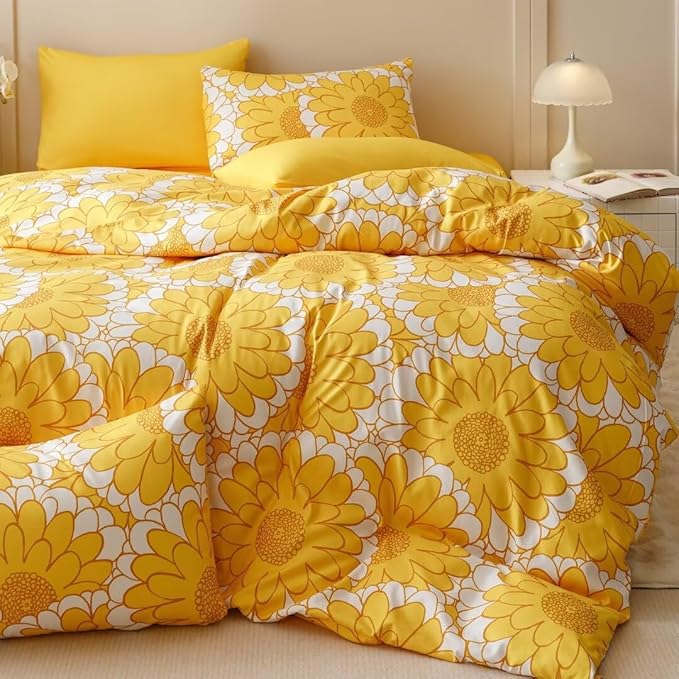 CLOTHKNOW Yellow White Sunflower Comforter Set Twin/Twin XL Floral Bedding Comforter Sets All Season Boho Comforter with 2 x Pillow Cases