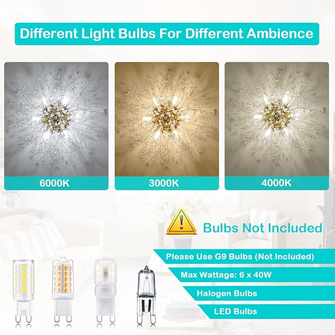 HMVPL Flush Mount Ceiling Lights, Modern Gold Crystal Sputnik Firework Close to Ceiling Lamp LED Ceiling Lighting Fixtures for Bedroom Kitchen Island Hallway Entryway Porch Gazebo