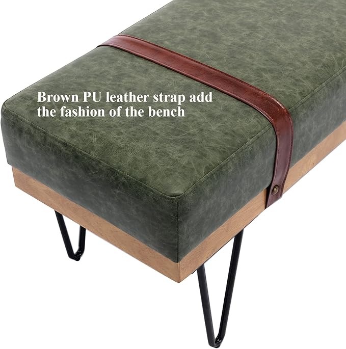 DUOMAY Industrial Modern PU Rectangle Ottoman Bench with PU Strap and Metal Legs, Mid Century Dining Table Bench Footstool Entryway Shoe Bench for Bedroom Dining Room Living Room, Green