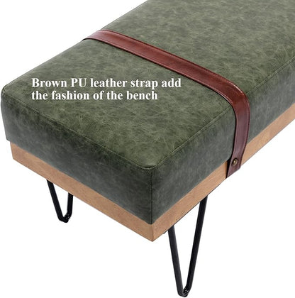 DUOMAY Industrial Modern PU Rectangle Ottoman Bench with PU Strap and Metal Legs, Mid Century Dining Table Bench Footstool Entryway Shoe Bench for Bedroom Dining Room Living Room, Green