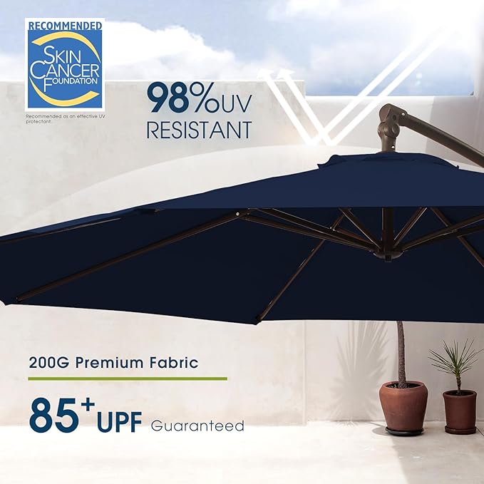 wikiwiki 10ft Patio Umbrellas Offset Outdoor Umbrella Cantilever Hanging Umbrellas w/Infinite Tilt, Fade Resistant Waterproof RECYCLED FABRIC Canopy & Cross Base, for Yard, Garden & Deck, Navy Blue