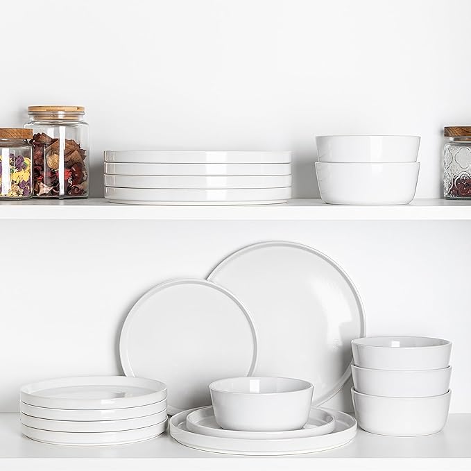 AmorArc Dinnerware Sets for 6, 18 Piece Stoneware Plates and Bowls Set, Chip and Crack Resistant Plates Set, Dishwasher & Microwave Safe Ceramic Dishes - White, Service for 6