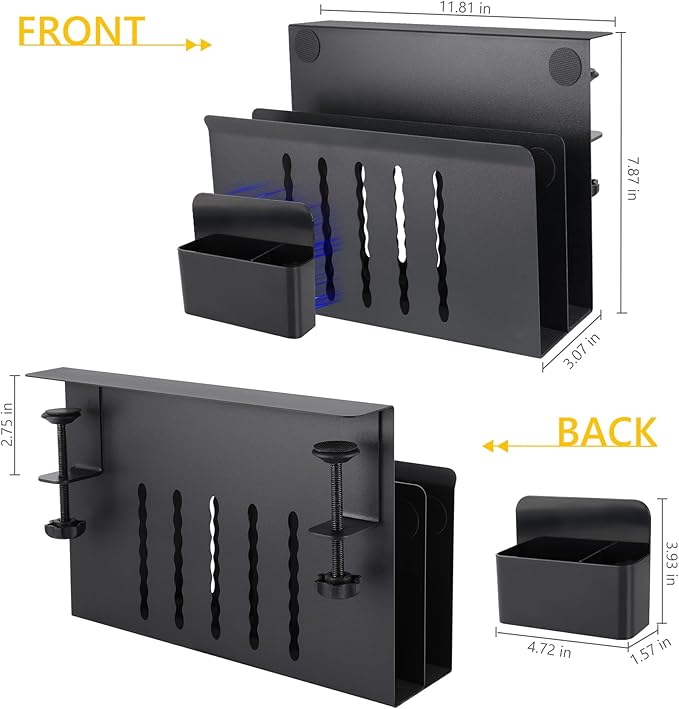 2 TIER Desk Side Storage Upgraded Under Desk Organizer, No Drill Hanging Laptop Holder Under Desk, Clamp-On Table Side Steel Desktop Organization for Office and Home (Black)