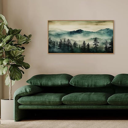 HOURIA Large Boho Mountain Forest Framed Canvas Wall Art Set,Nature Foggy Woodland Wall Decor,Modern Pine Tree Artwork,Watercolor Botanical Art Print for Living Room,Bedroom,Farmhouse- 20"×40"×1