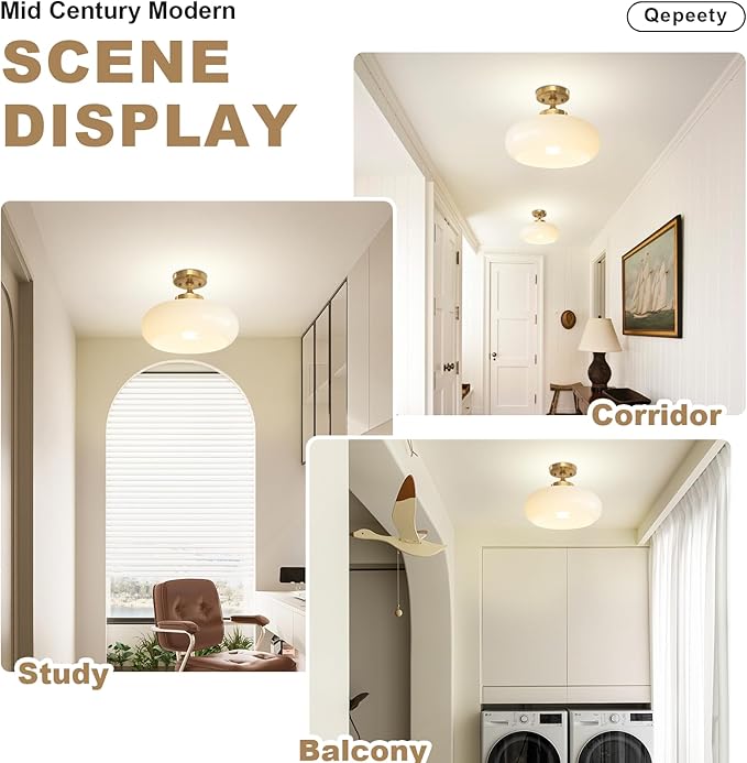 Mid Century Modern Semi Flush Mount Ceiling Light Fixture, Gold with 11.02" Milk White Glass Shade, Vintage Close to Ceiling Lamp for Hallway, Entryway, Bathroom, Closet