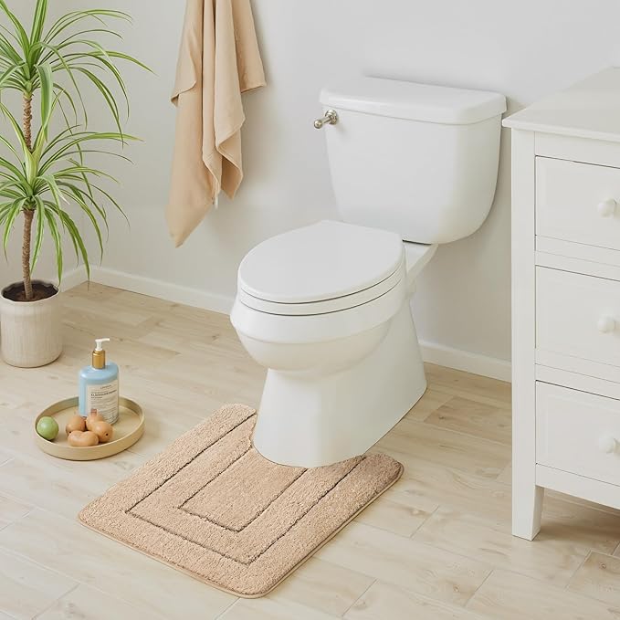 GRANNY SAYS Bathroom Toilet Rugs U Shaped, Bath Mats for Bathroom, Bath Rugs Non Slip Washable, Absorbent Microfiber Toilet Mat, Soft Plush Shaggy, 20" x 24", Khaki