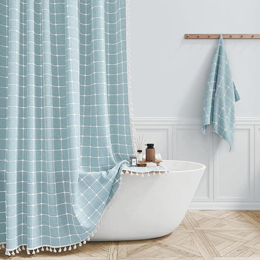 BTTN Stall Fabric Shower Curtain - 54x78 Inch Boho Linen Heavy Duty Tassel Shower Curtain Set with 10 Hooks, Narrow Rustic Modern Farmhouse Neutral Cloth Thick Shower Curtains for Bathroom - Fog Blue
