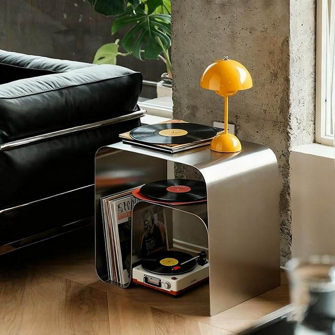 Modern Stainless Steel Side Table,Minimalist Nightstand and Sofa Table Silver Metal End Table Elegant Small Coffee Table for Bedroom Desktop Bookshelf Magazine Rack Multi-Functional Organizer