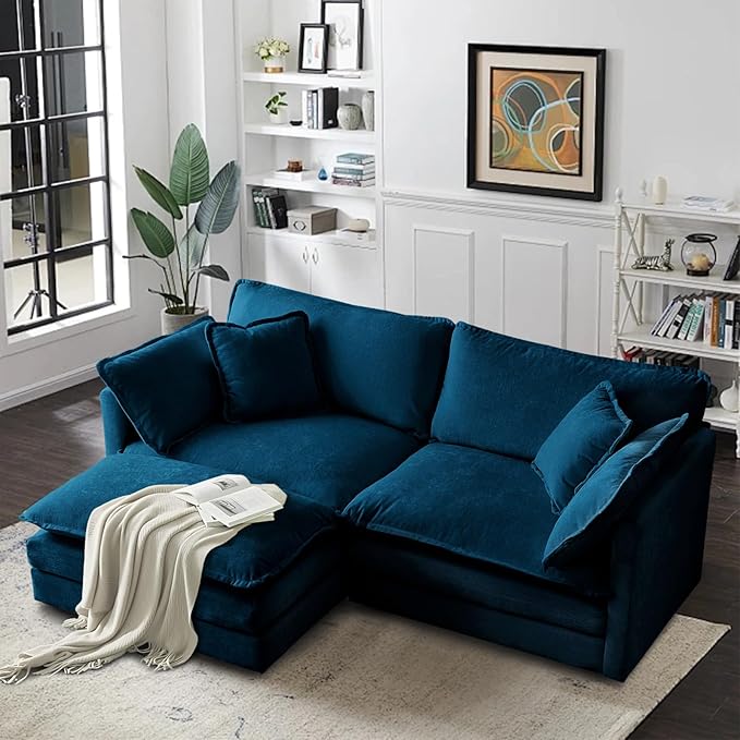 SoarFlash Chenille Sectional Sofa, Comfy L Shaped Modular Coush Sofa with Ottoman, Modern 2 Seat Couch Deep Seat Sofa Set for Living Room,Deep Blue
