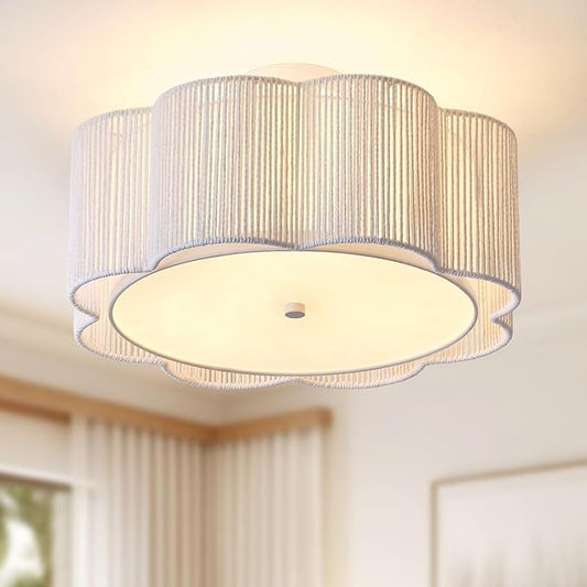 17.7" Rattan Flush Mount Ceiling Light, 3-Light Boho Close to Ceiling Light Fixtures, Rattan Bedroom Ceiling Light, Farmhouse Large Drum Chandelier for Dining Room, Kitchen, Hallway(White)