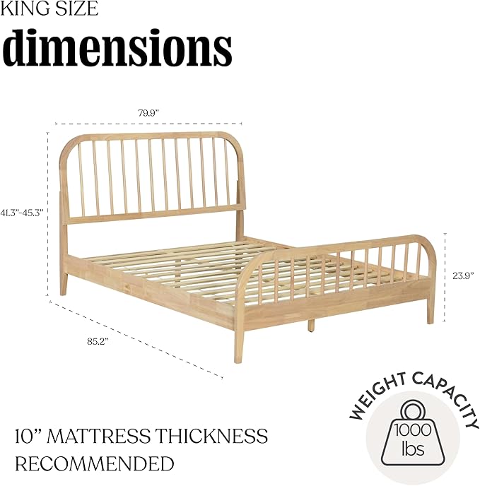 DG Casa Wesley Solid Wood King Size Bed Frame - Mid Century Modern Style, Platform with Spindle Headboard and Footboard, No Box Spring Required, Natural Finish
