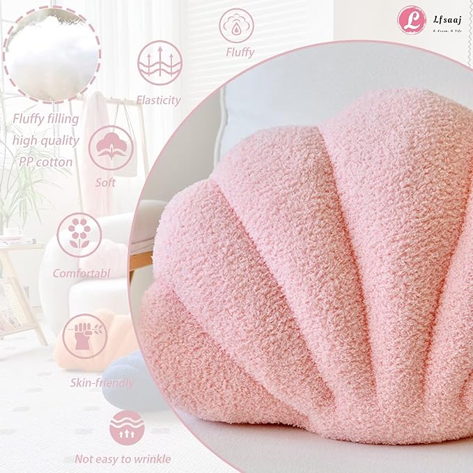 Pink Seashell Throw Pillows, Shell Shaped Throw Pillows, 13 Inch Soft Home Decorative Pillow Plush Cushion for Bed Couch Living Room Decor Accent Throw Pillow
