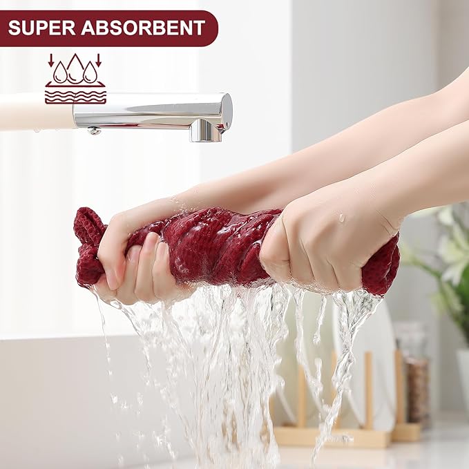 Homaxy 100% Cotton Kitchen Towels and Dishcloths Set, 12 x 12 Inches and 13 x 28 Inches, Set of 12 Bulk Kitchen Towels Set, Ultra Soft Absorbent Dish Cloths for Washing Dishes, Burgundy