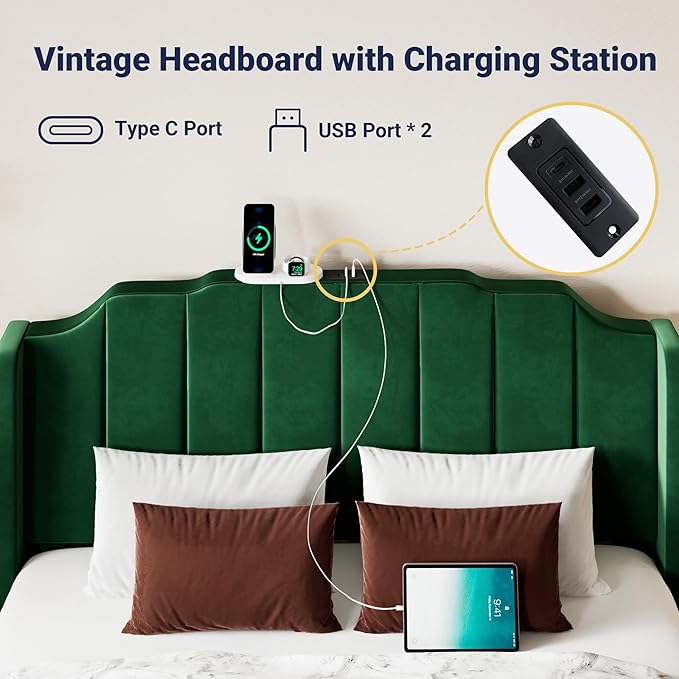 Allewie Vintage Queen Size Velvet Platform Bed Frame with Curved Vertical Tufted Wingback Headboard and Footboard, Charging Station, Easy Assembly, Under Bed Storage, No Box Spring Required, Green