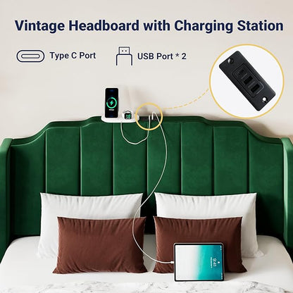 Allewie Vintage Queen Size Velvet Platform Bed Frame with Curved Vertical Tufted Wingback Headboard and Footboard, Charging Station, Easy Assembly, Under Bed Storage, No Box Spring Required, Green