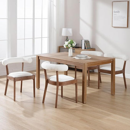 Wood Dining Chairs Set of 4, Mid Century Modern Living Room Chairs with Unique Curved Open Back Comfy Upholstered Side Chair for Kitchen/Restaurant/Reception, Sherpa White